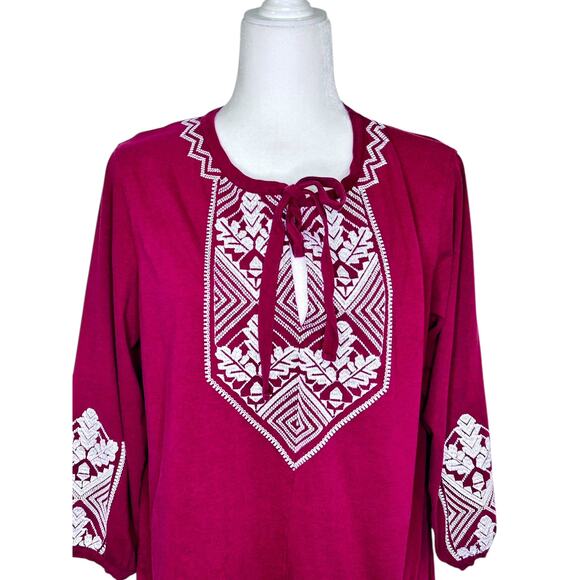 J. Crew Maroon Embroidered Tie Neck Tencel Cotton 3/4 Sleeve Tunic Top - Picture 2 of 8